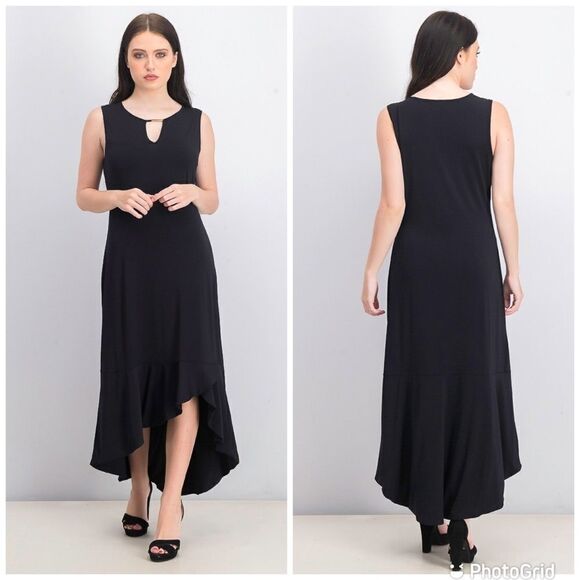 THALIA SODI‎ Black Sleeveless Stretch Knit Midi Dress High Low Hem Small New - Picture 1 of 12
